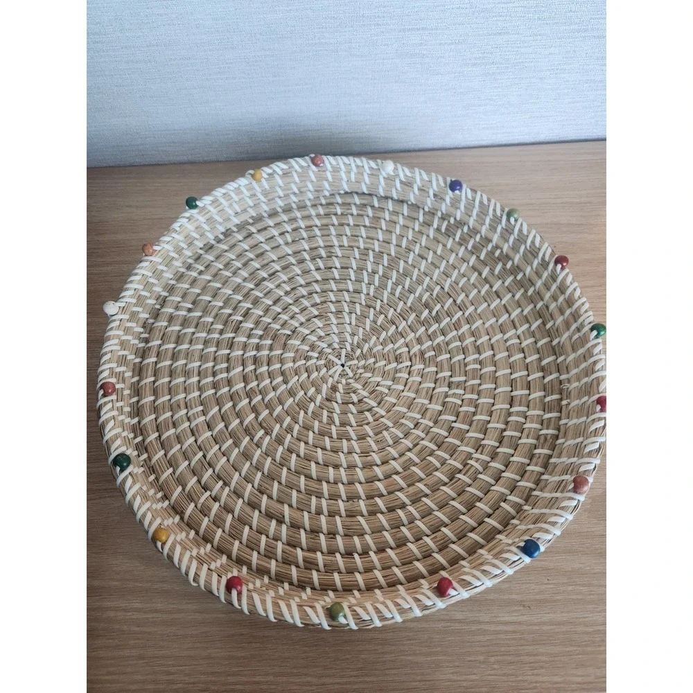 Vintage Hand Woven Round Coil Serving Tray Beaded Edge Basket Made‎ In Vietnam